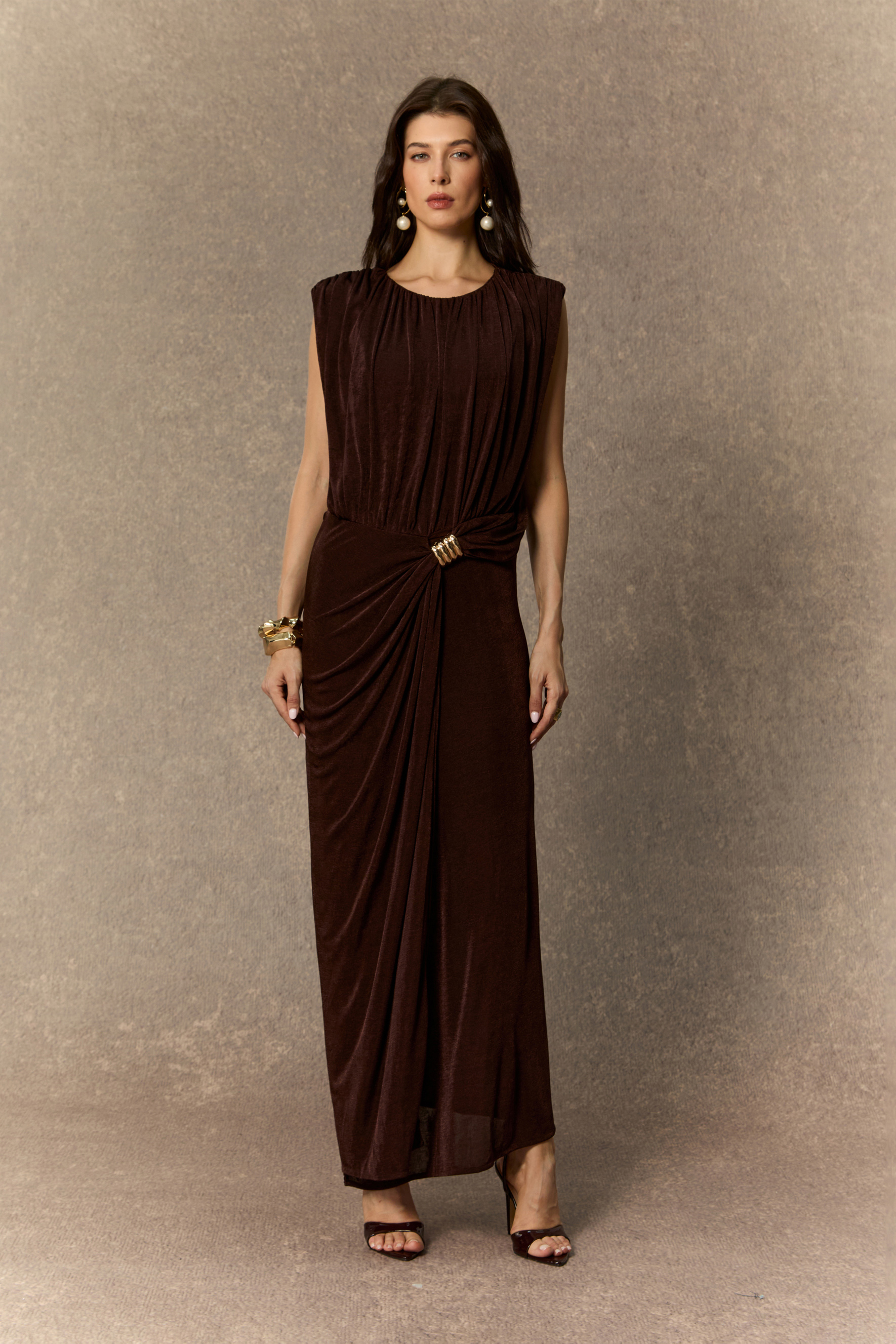 Effortlessly Yours Brown Sleeveless Draped Maxi Dress
