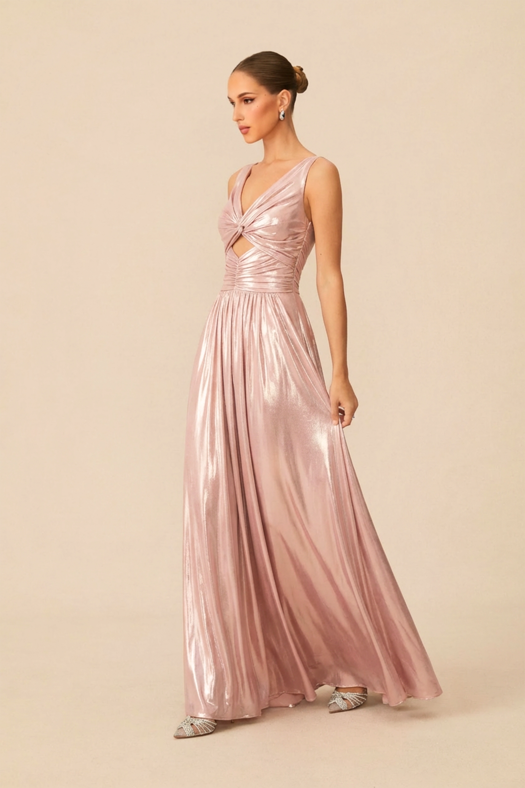 Pink Metallic Twisted Bodice Maxi Dress