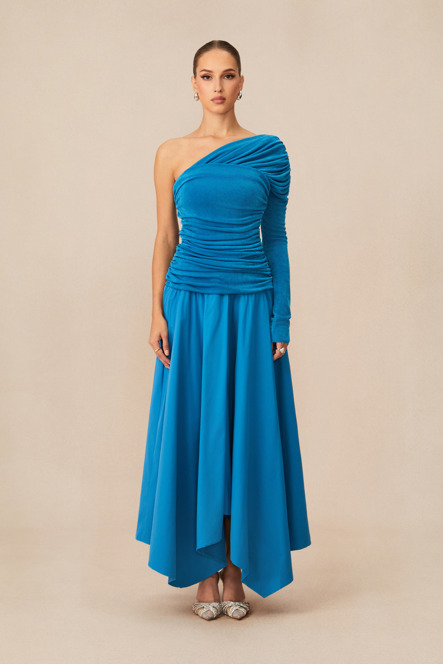One Shoulder Asymmetric Hem Maxi Dress