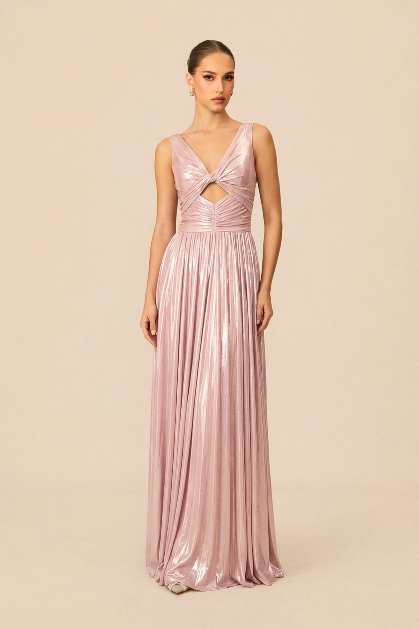 Pink Metallic Twisted Bodice Maxi Dress
