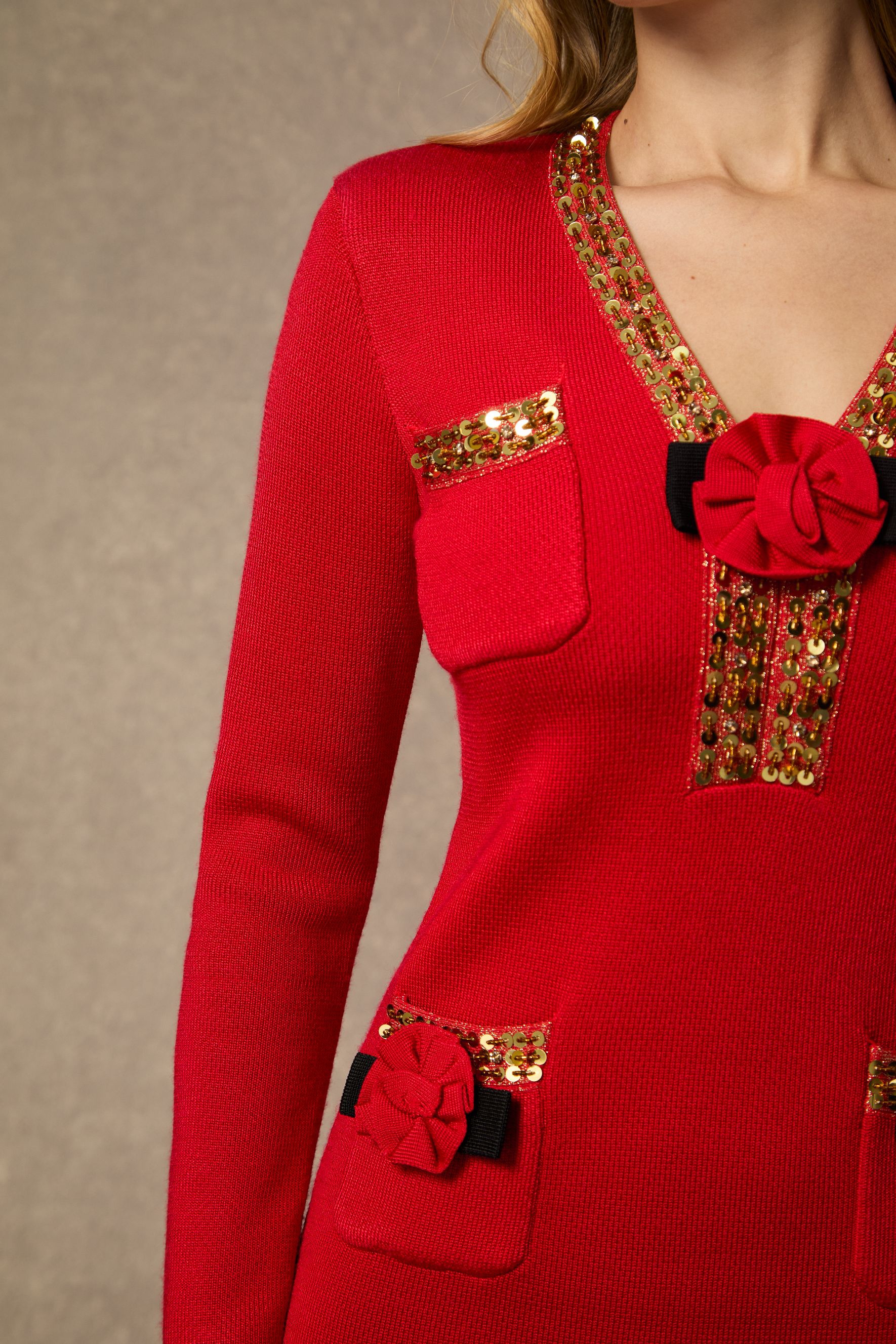 Garden Of Roses Red Sequin Trim Knit Mini Dress