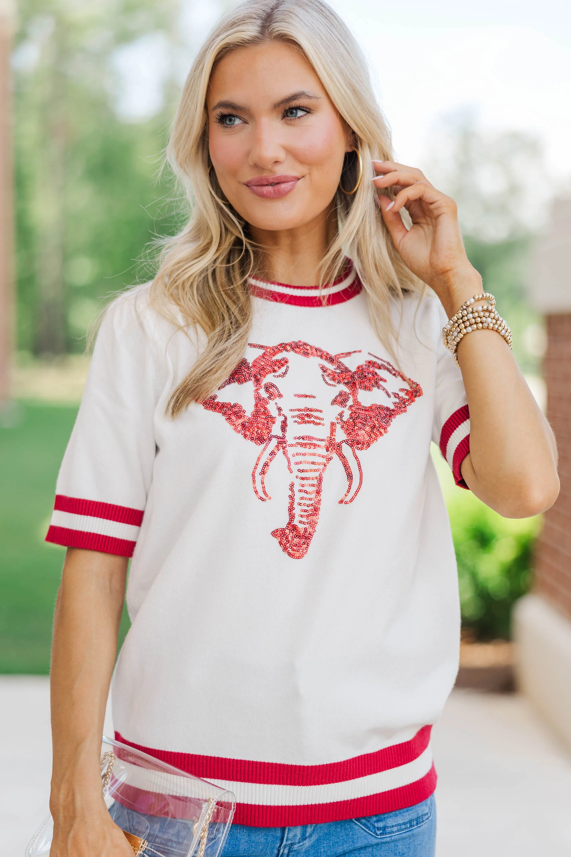 Stay In Character White/Crimson Elephant Sweater